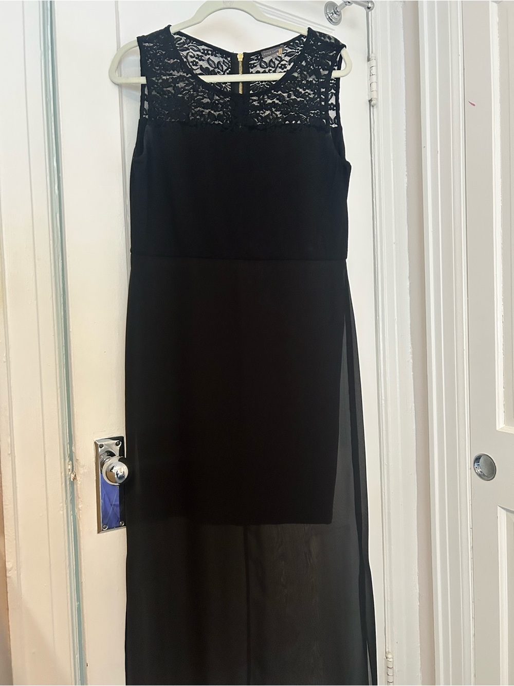Vince Camuto Black Lace Yoke Sheer-Panel Maxi Dress